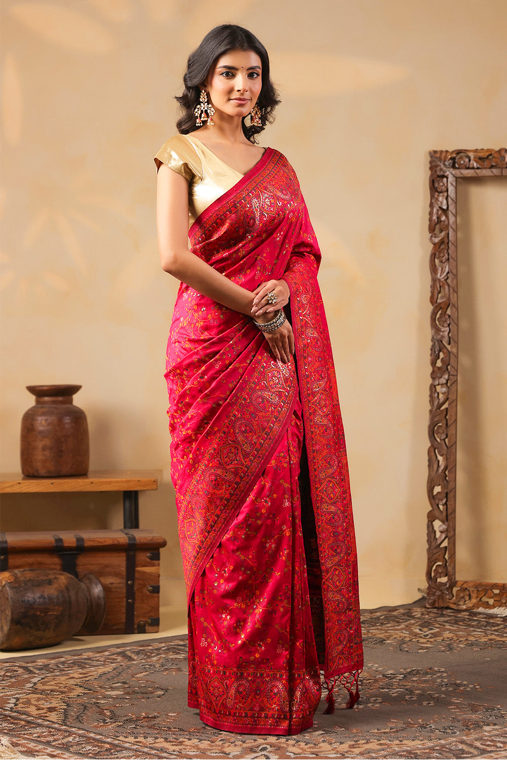Cherry Red South Silk Zari And Resham Woven Saree