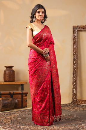 Cherry Red South Silk Zari And Resham Woven Saree