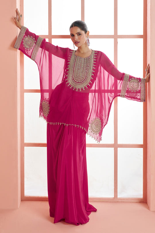 Cherry Red Tissue Silk Embroidered Kaftan, Crepe Silk Blouse And Dhoti Style Pants