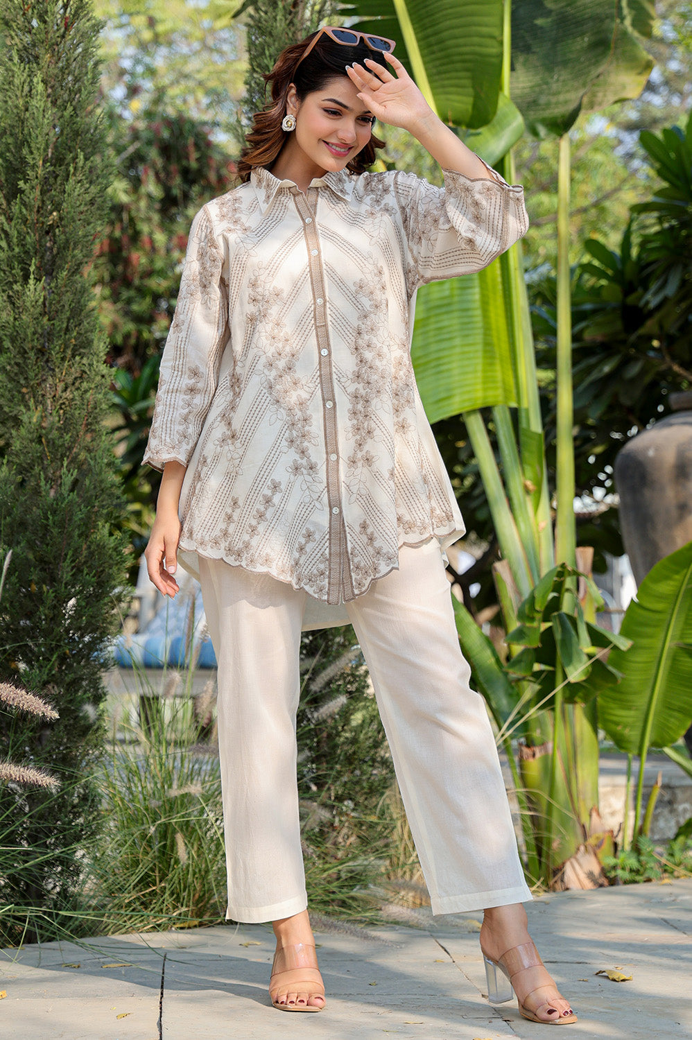 Cream Cotton Resham Embroidered Co-ord Set