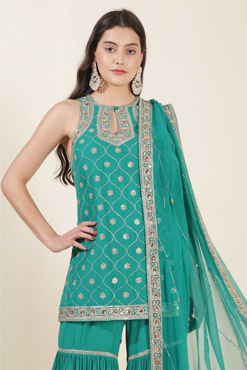 Teal Green Color Georgette Zari & Sequins Embroidered Suit With Gharara