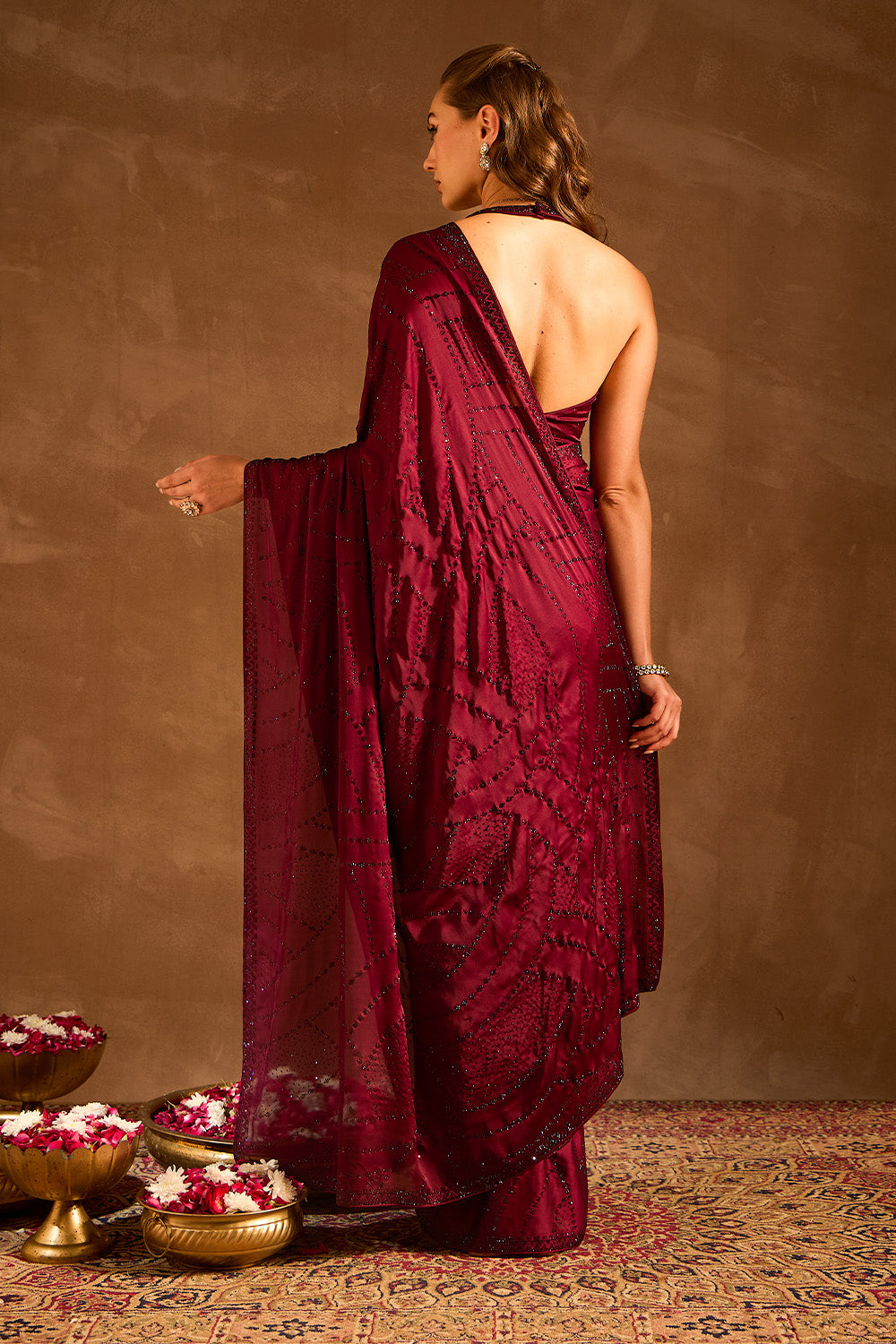 Dark Scarlet Swarovski Work Satin Saree