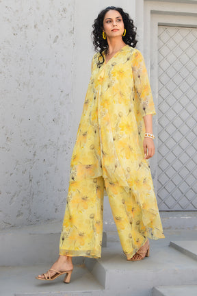 Yellow Chinone Floral Printed Kurta with Palazzo