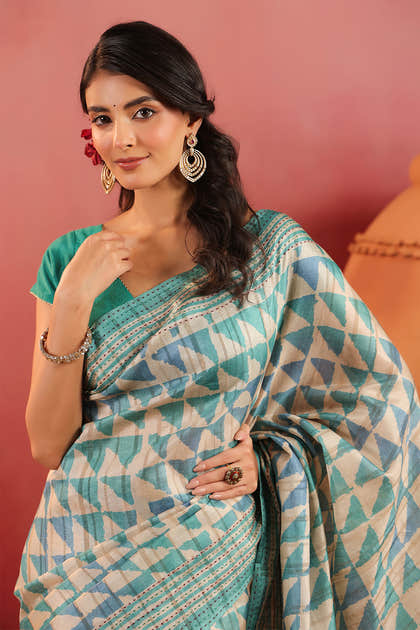 Turquoise And Beige Tussar Silk Printed Saree