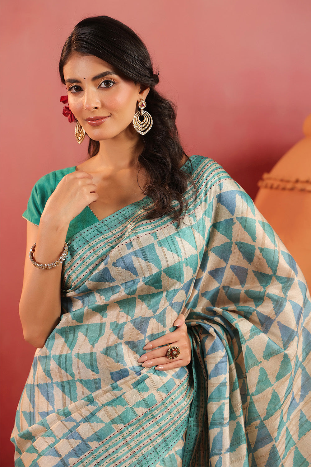 Turquoise And Beige Tussar Silk Printed Saree