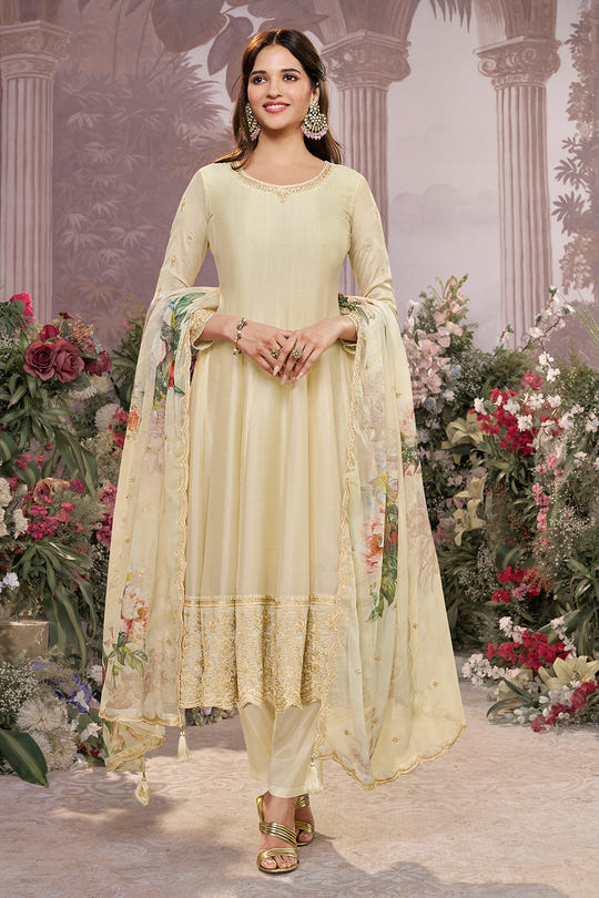 Cream Embroidered Crepe Silk Anarkali Suit