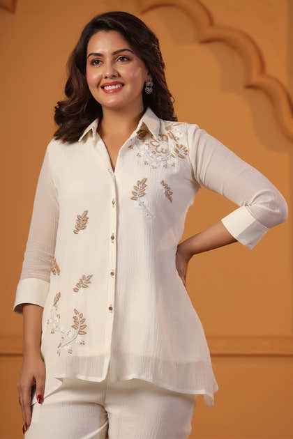 Cream Mulmul Cotton Resham Embroidered Co-Ord Dress