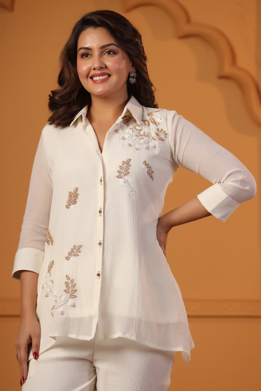 Cream Mulmul Cotton Resham Embroidered Co-Ord Dress