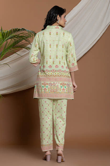 Pista Green Color Cotton Printed Co-Ord Set