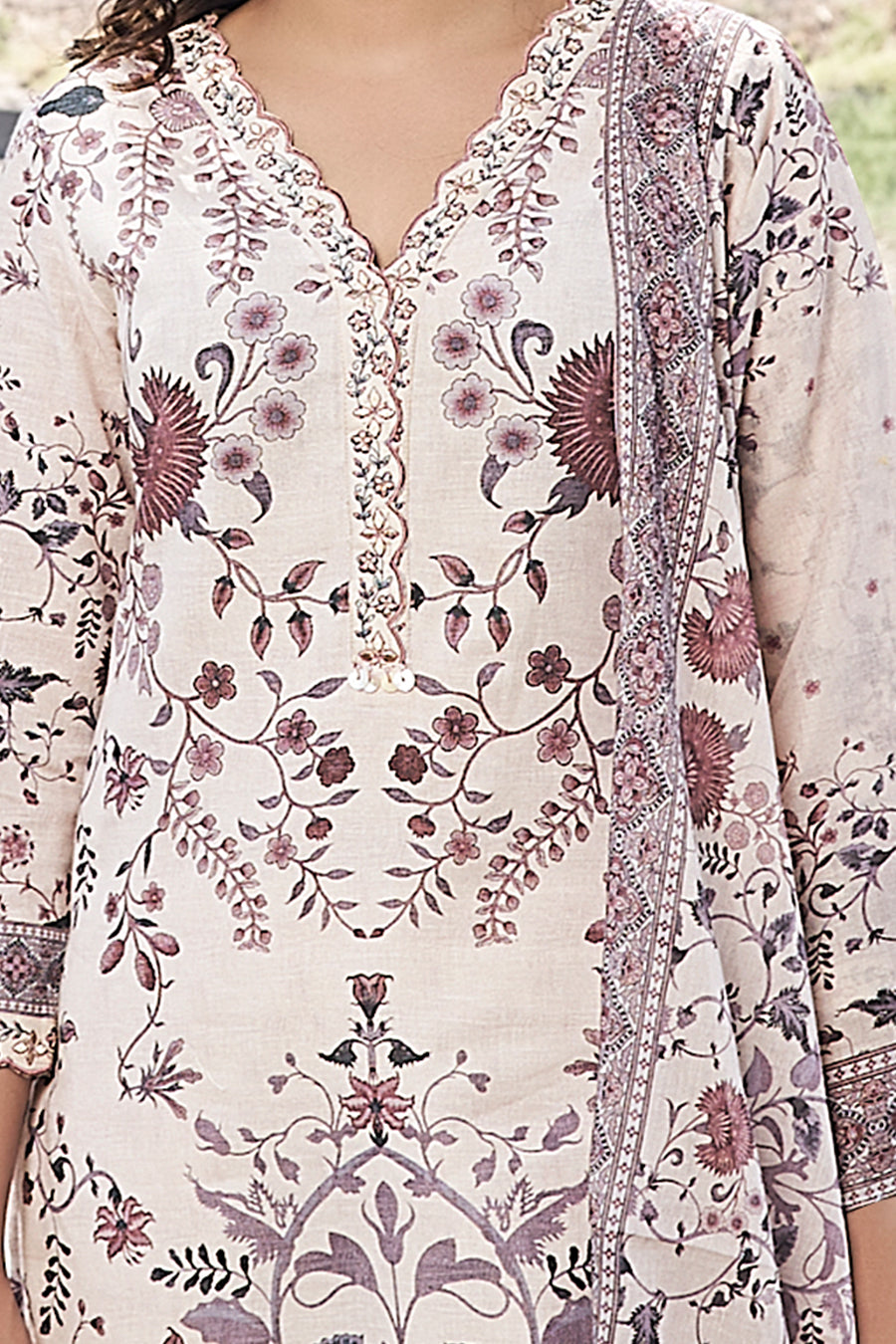 Cream Cotton Floral Printed Suit Set
