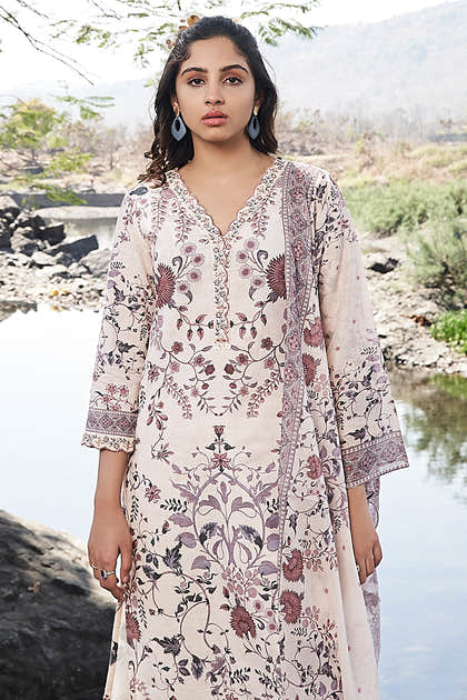 Cream Cotton Floral Printed Suit Set