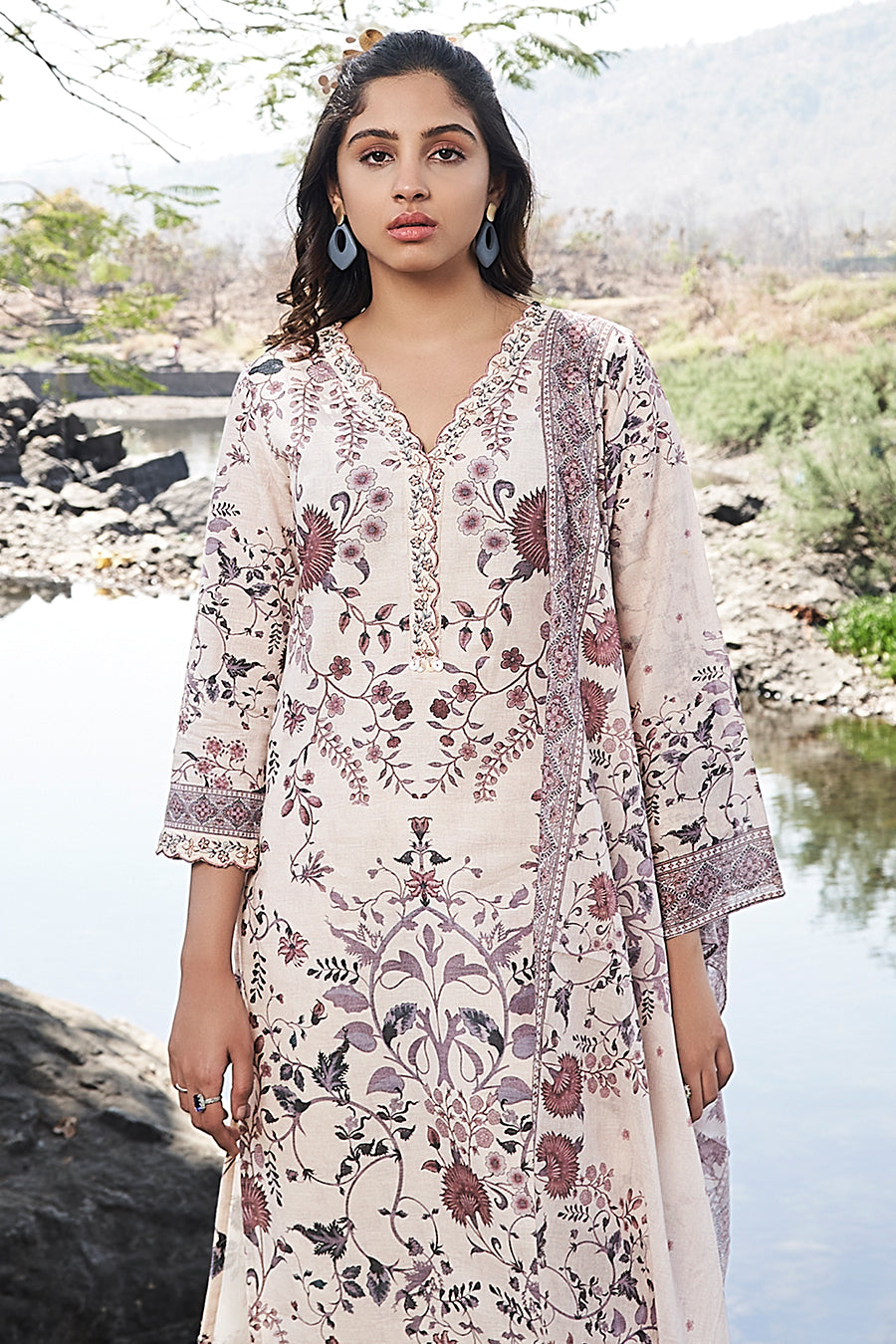 Cream Cotton Floral Printed Suit Set