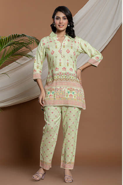 Pista Green Color Cotton Printed Co-Ord Set