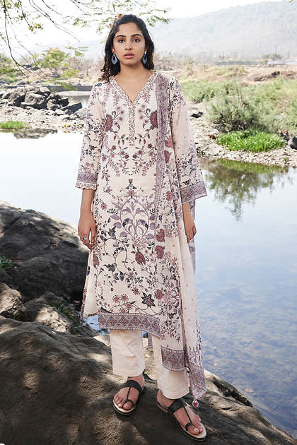 Cream Cotton Floral Printed Suit Set