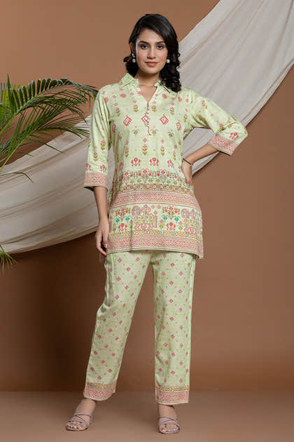 Pista Green Color Cotton Printed Co-Ord Set