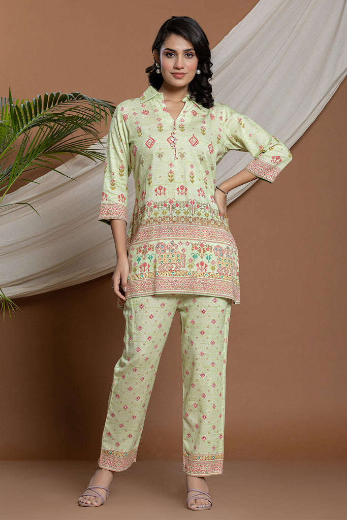 Pista Green Color Cotton Printed Co-Ord Set