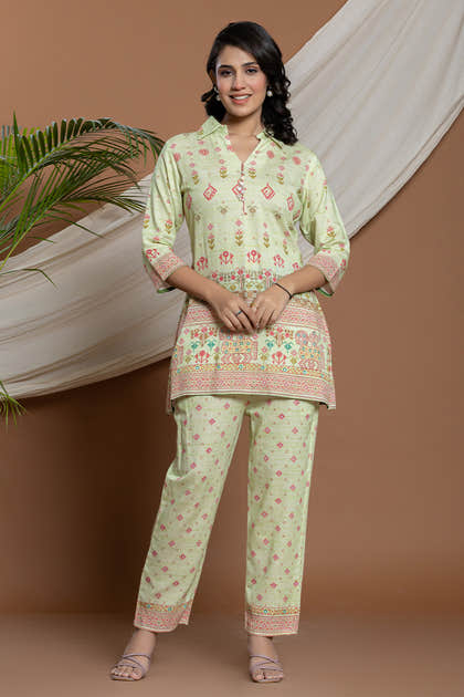 Pista Green Color Cotton Printed Co-Ord Set