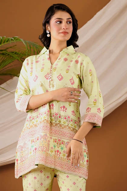 Pista Green Color Cotton Printed Co-Ord Set