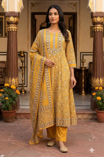Mustard Printed Cotton Anarkali Suit Set
