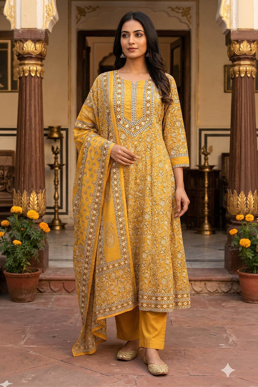 Mustard Printed Cotton Anarkali Suit Set