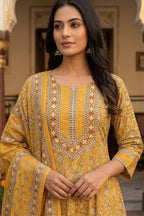 Mustard Printed Cotton Anarkali Suit Set