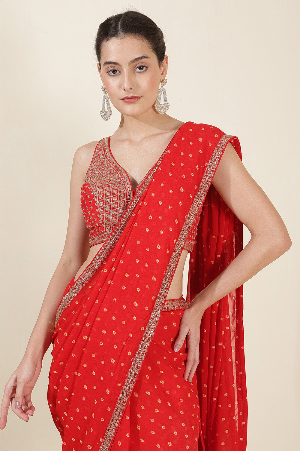 Red Color Georgette Bandhani Printed and Embroidered Saree With Readymade Blouse