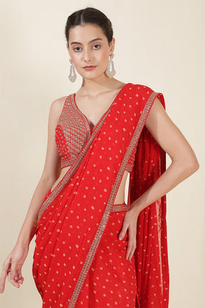 Red Color Georgette Bandhani Printed and Embroidered Saree With Readymade Blouse