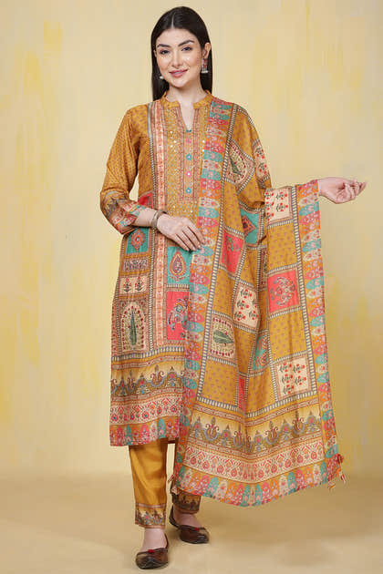 Mustard Printed Muslin Straight Suit