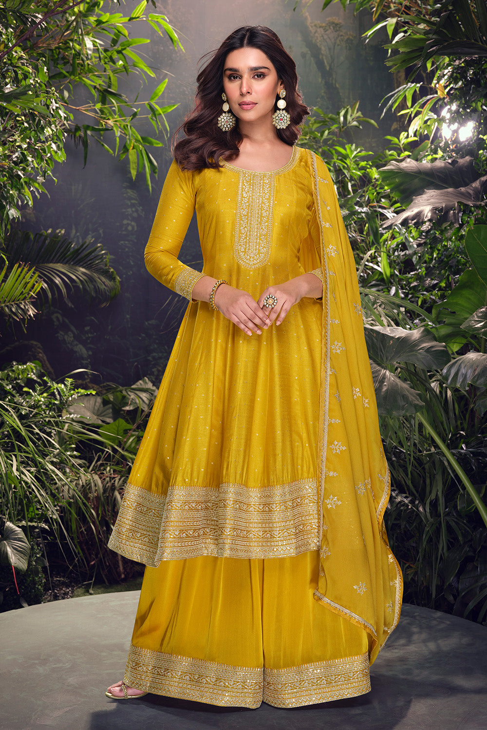 Mustard Silk Zari Embroidered Anarkali Suit With Palazzo