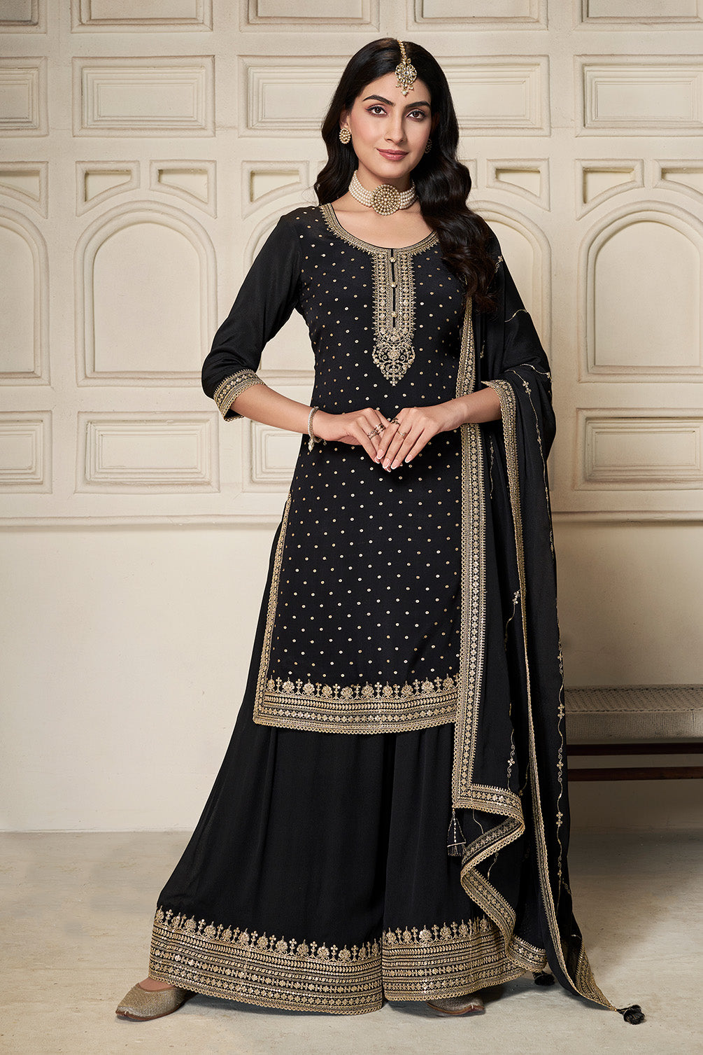 Black Crepe Silk Zari Embroidered Suit With Embroidered Palazzo