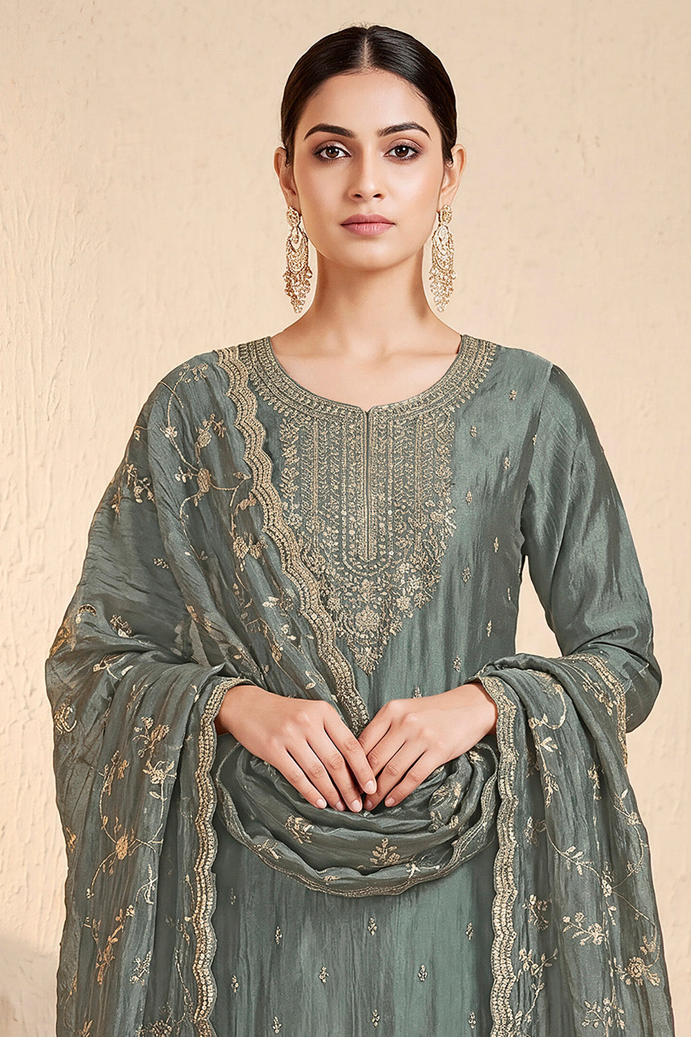 Grey Tissue Silk Embroidered Unstitched Suit Fabric