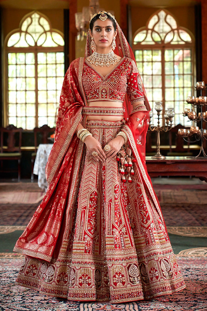 Red luxurious Silk Embroidered Semi-Stitched Bridle Lehenga