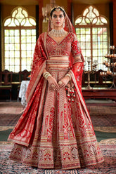 Red luxurious Silk Embroidered Semi-Stitched Bridle Lehenga