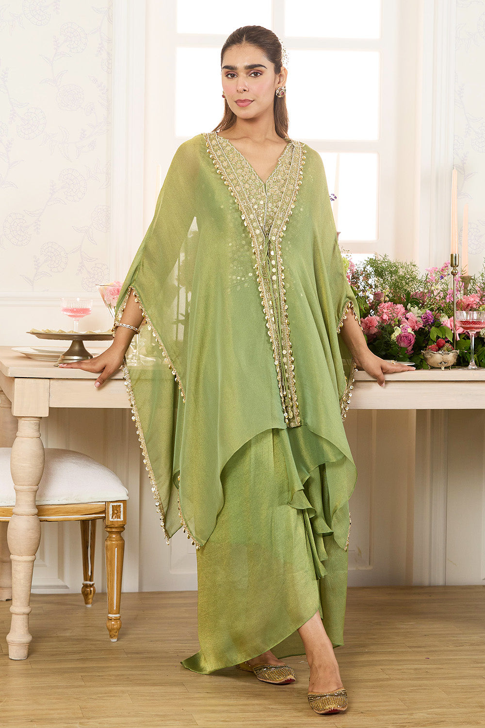 Green Shimmer Fabric Embroidered Cape Jacket with Crop Top & Dhoti Style Pant Co-ord Set
