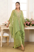 Green Shimmer Fabric Embroidered Cape Jacket with Crop Top & Dhoti Style Pant Co-ord Set