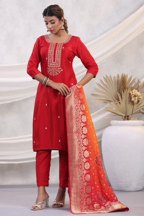 Red Color Chanderi Silk Embroidered Unstitched Suit Material With Bandhani Printed Duppata