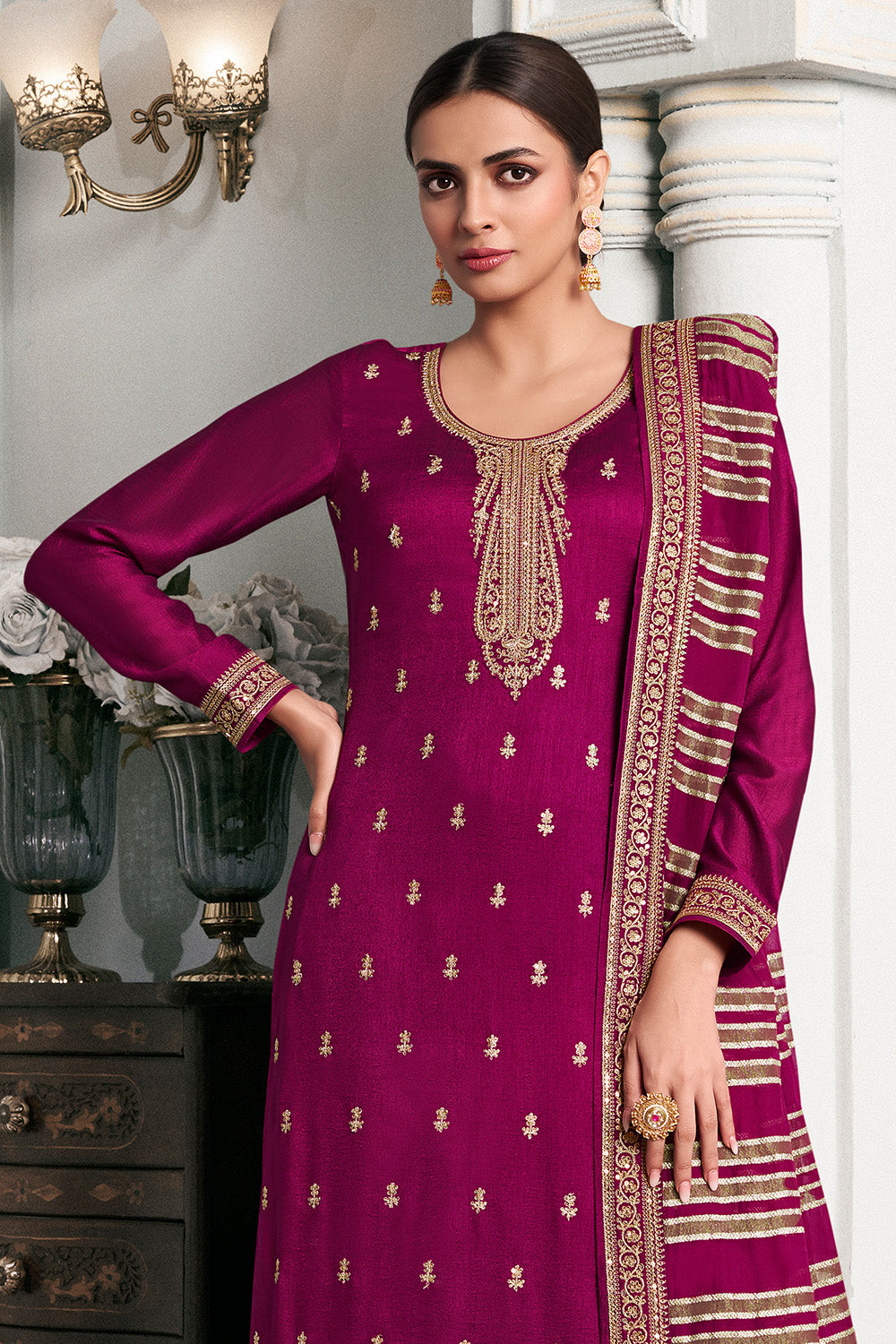 Mulberry Color Embordered Crepe Silk Unstitched Suit Material