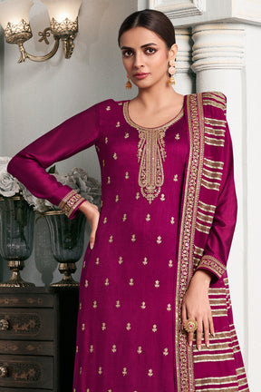 Mulberry Color Embordered Crepe Silk Unstitched Suit Material