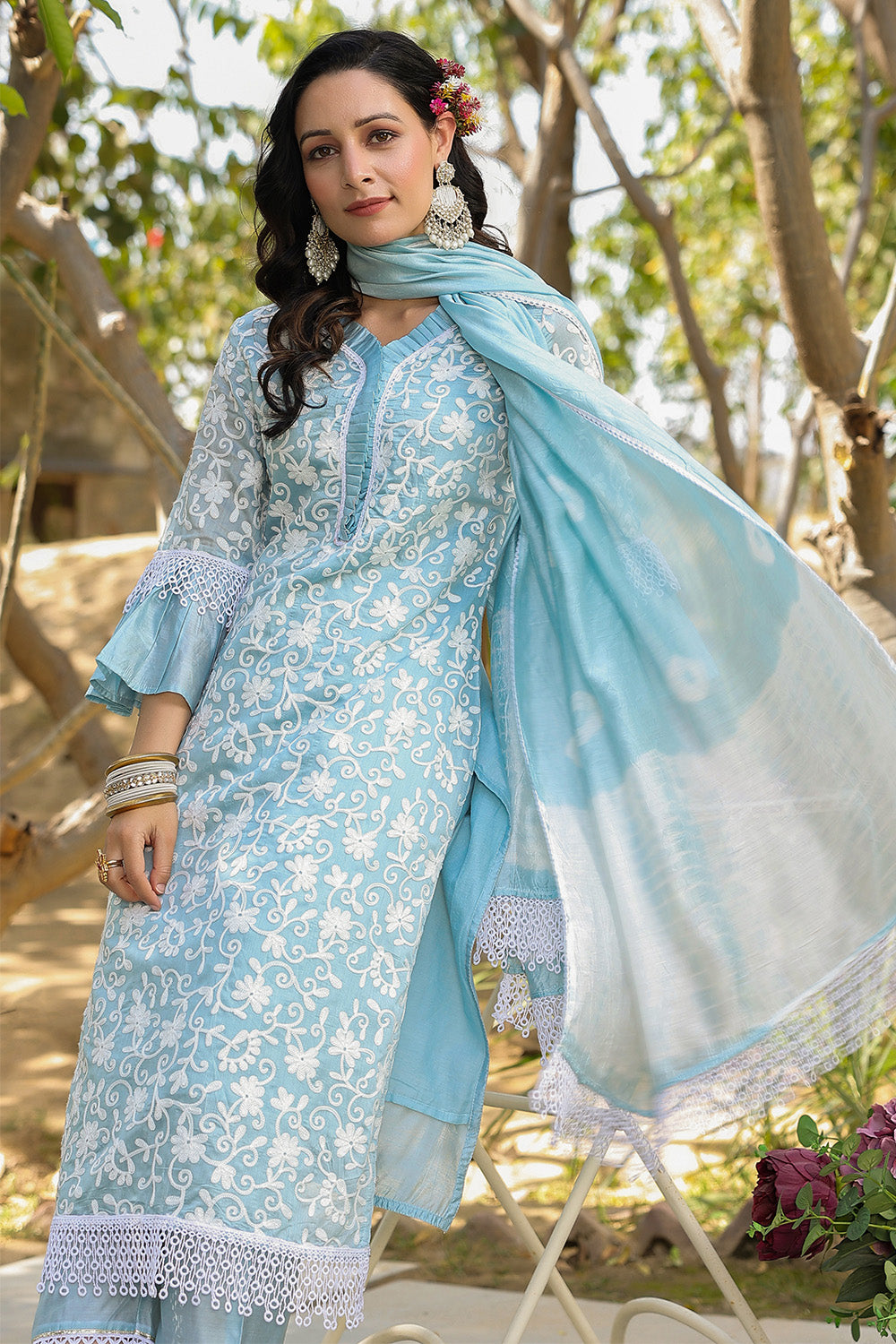 Powder Blue Color Chanderi Silk Resham Embroidered Suit