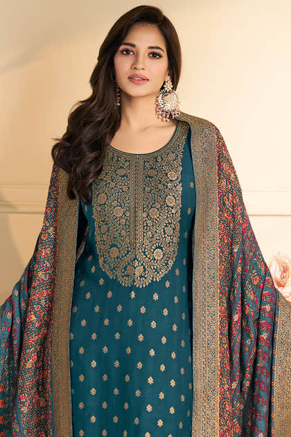 Blue Pashmina Zari Woven Unstitched Suit Fabric