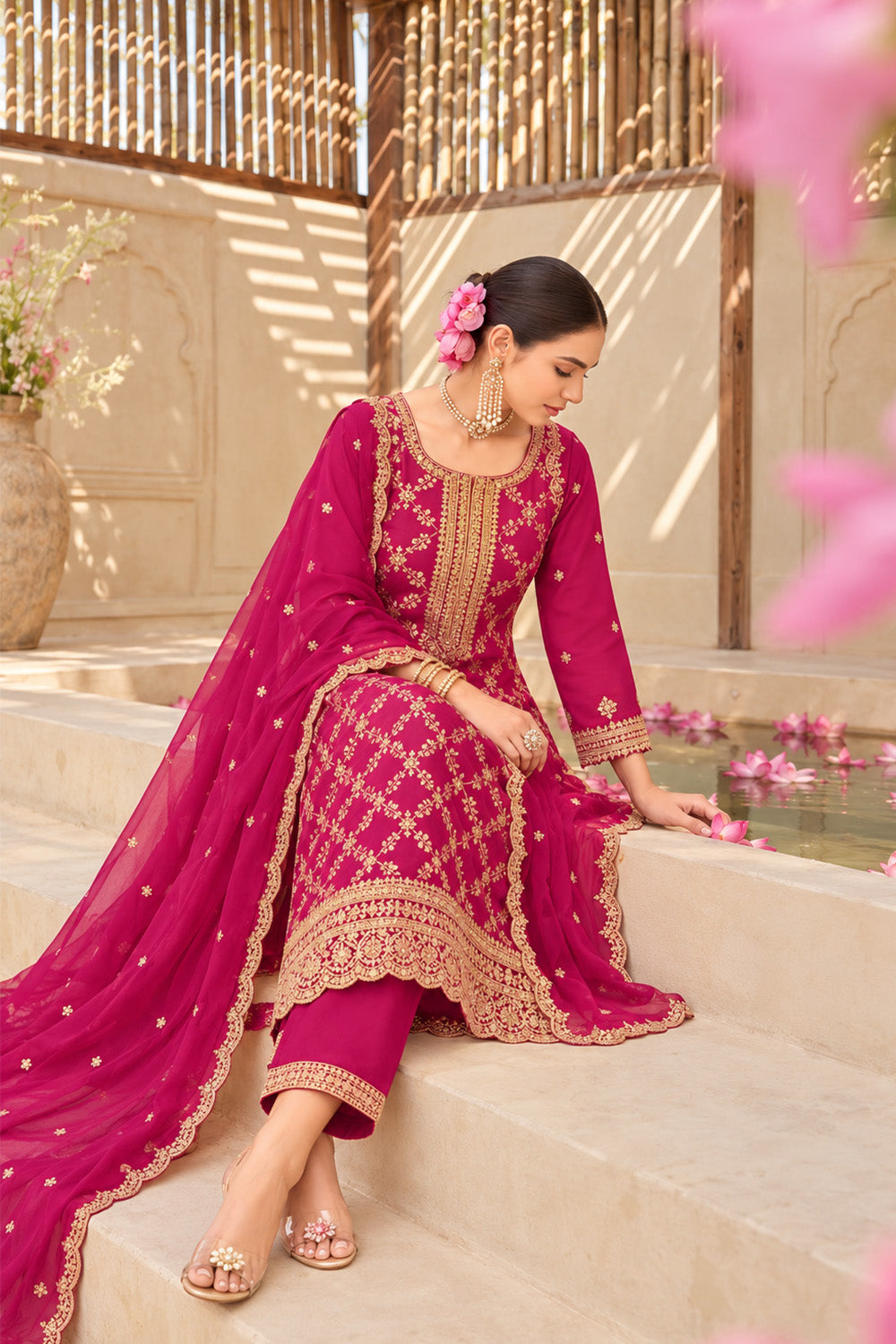 RanI Crepe Silk Zari Woven And Embroidered Unstiched Suit Material