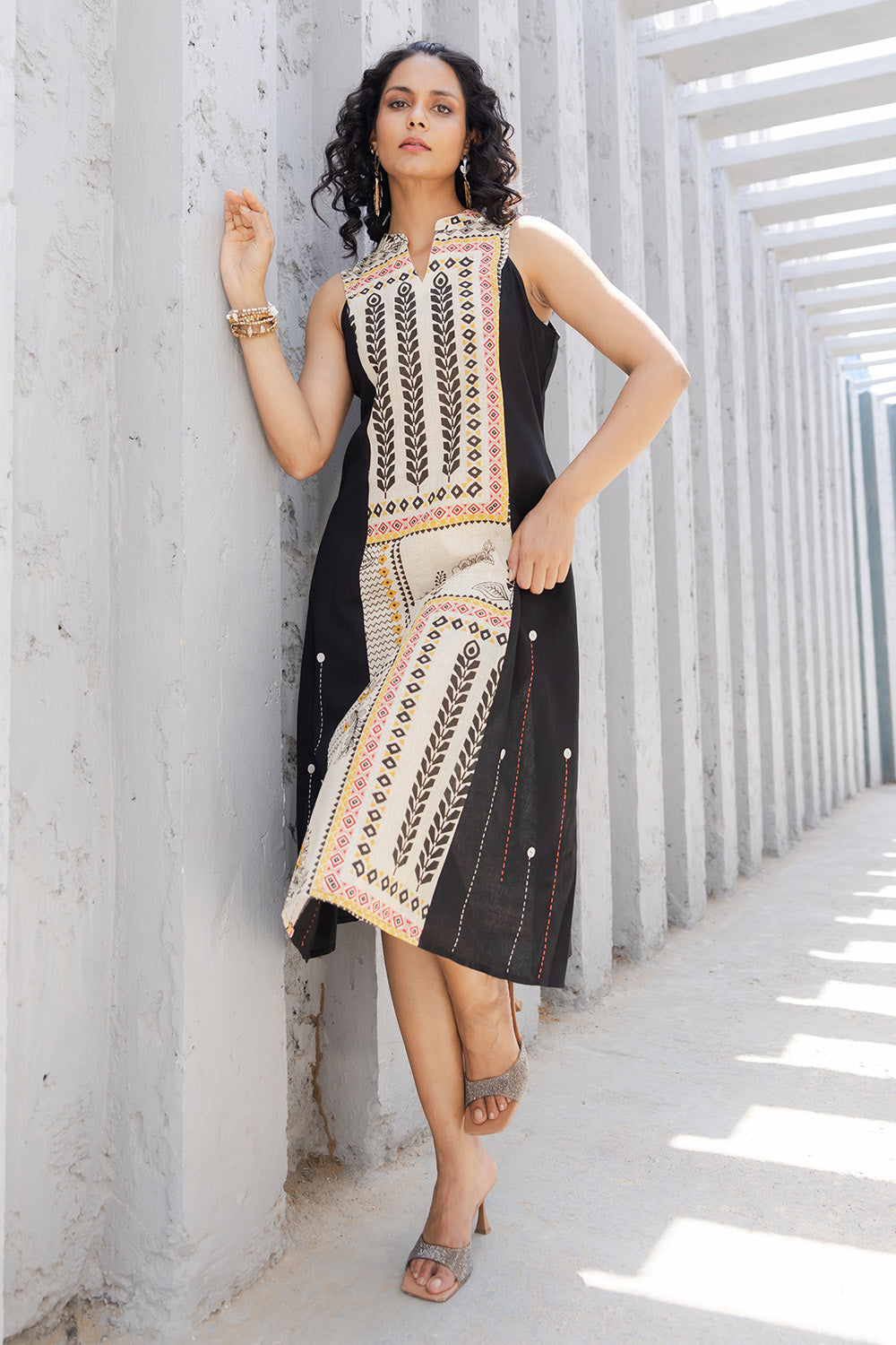 Cream & Black Colour Cotton Printed Peonies Dress