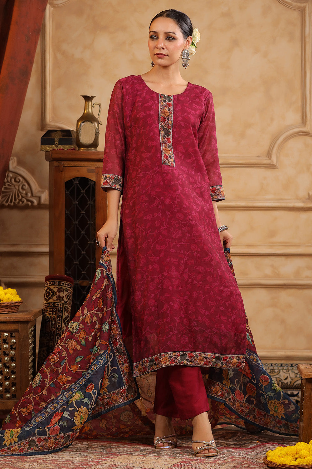 Dark Hot Pink Color Chanderi Floral Printed Suit