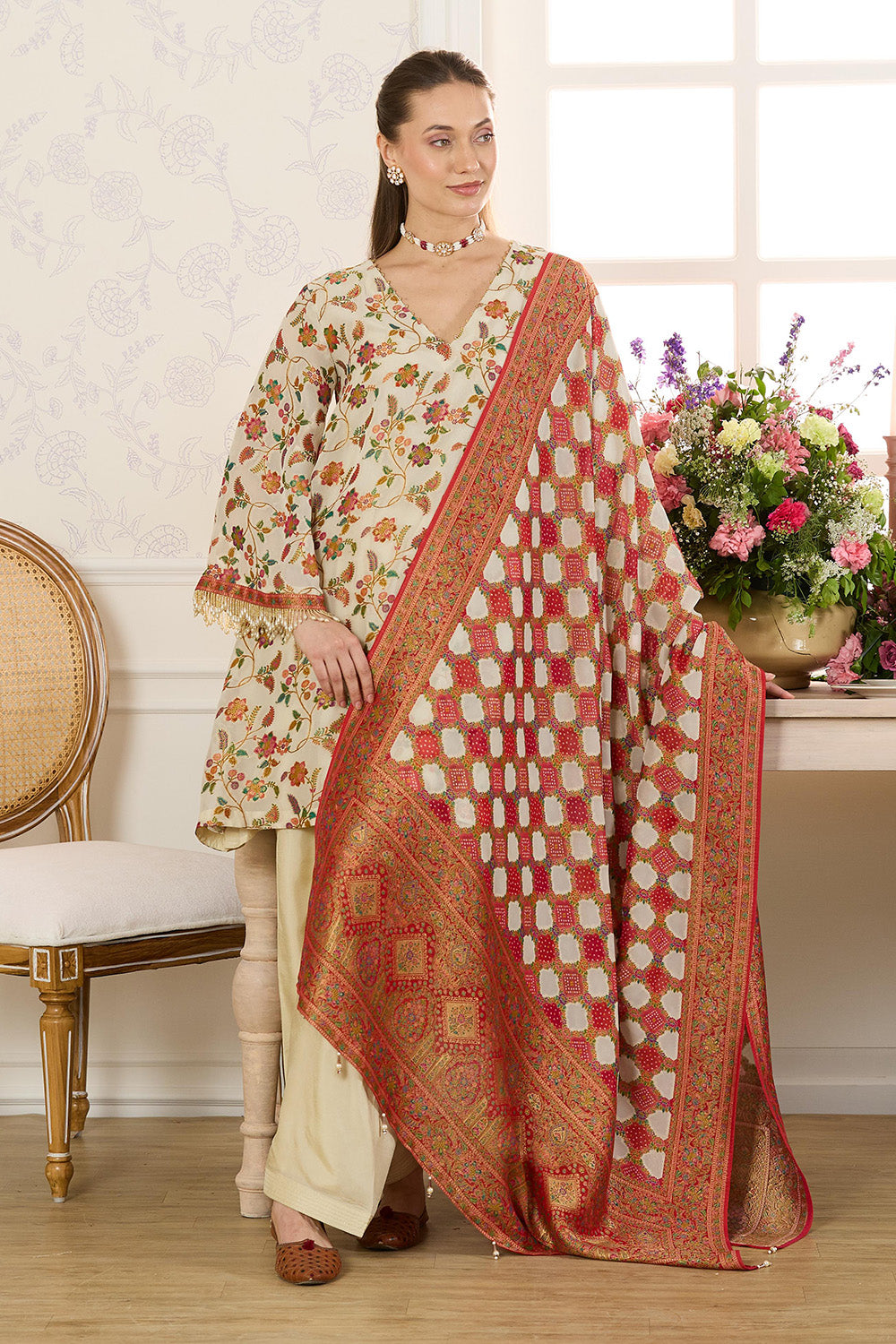 Cream Georgette Floral Resham Woven Unstitched Suit Material