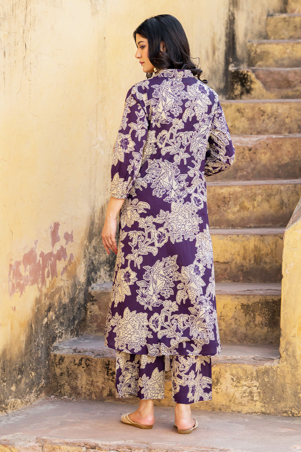Purple Floral Vine Printed  Cotton Kurta Set
