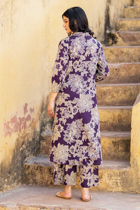 Purple Floral Vine Printed  Cotton Kurta Set