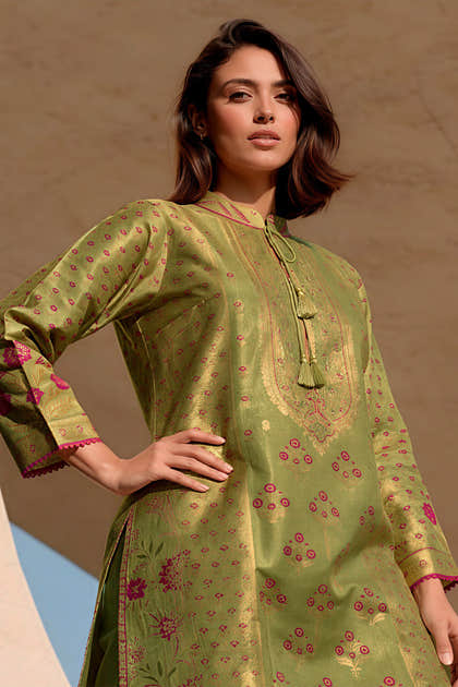 Green Silk Embroidered And Floral Printed Unstitched Suit Fabric