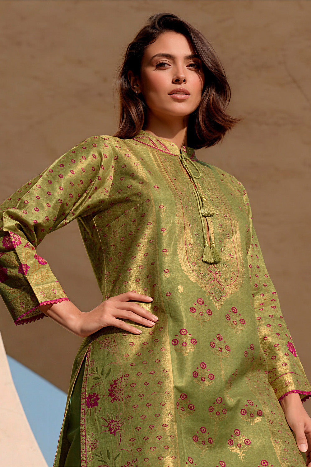 Green Silk Embroidered And Floral Printed Unstitched Suit Fabric
