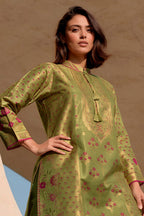Green Silk Embroidered And Floral Printed Unstitched Suit Fabric