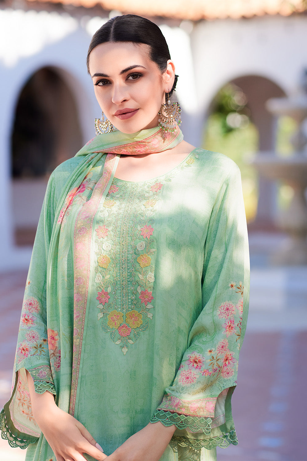 Pista Green Color Muslin Neck Embroidered & Floral Printed Suit